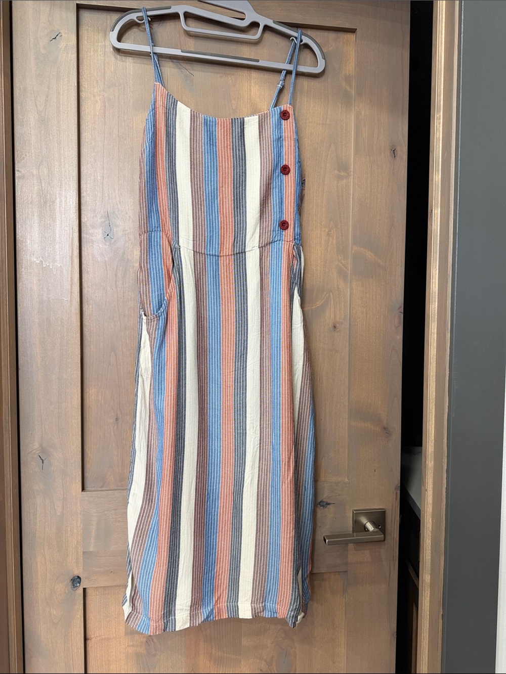 Striped Linen-Blend Spaghetti Strap Dress in Blue, Rust & Cream